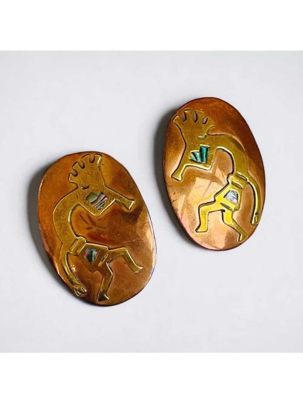 Vintage Copper & Brass with Abalone Shell Inlay Kokopelli Earrings - Picture 2 of 4